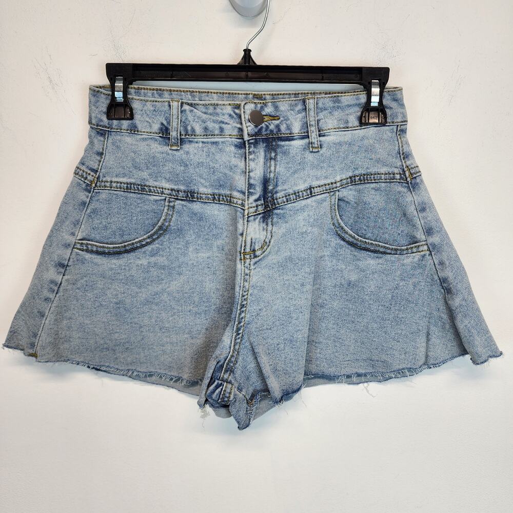 Womens Wide Leg Denim Shorts Size M 26" Light Wash High Waist Stretchy Y2K
